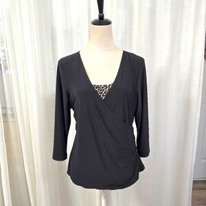 2/$30 B-Slim Black Faux Wrap‎ Womens Top Size L Leopard Print Career Wear